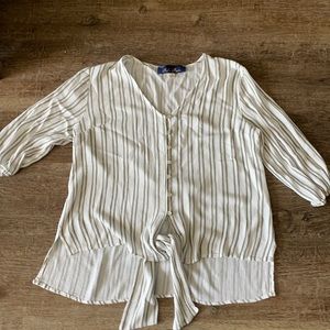 White and green striped front tie shirt